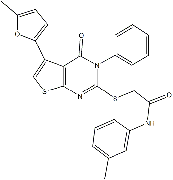 2-{[5-(5-methyl-2-furyl)-4-oxo-3-phenyl-3,4-dihydrothieno[2,3-d]pyrimidin-2-yl]sulfanyl}-N-(3-methylphenyl)acetamide Struktur