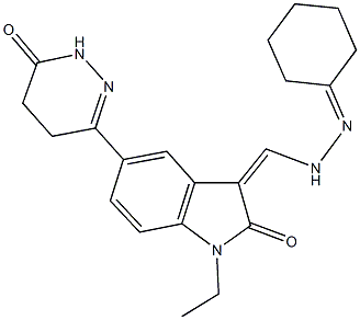 3-[(2-cyclohexylidenehydrazino)methylene]-1-ethyl-5-(6-oxo-1,4,5,6-tetrahydro-3-pyridazinyl)-1,3-dihydro-2H-indol-2-one Struktur