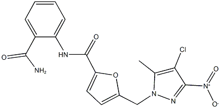 N-[2-(aminocarbonyl)phenyl]-5-({4-chloro-3-nitro-5-methyl-1H-pyrazol-1-yl}methyl)-2-furamide Struktur