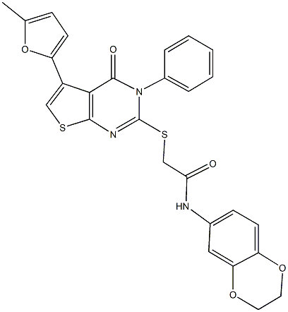 N-(2,3-dihydro-1,4-benzodioxin-6-yl)-2-{[5-(5-methyl-2-furyl)-4-oxo-3-phenyl-3,4-dihydrothieno[2,3-d]pyrimidin-2-yl]sulfanyl}acetamide Struktur