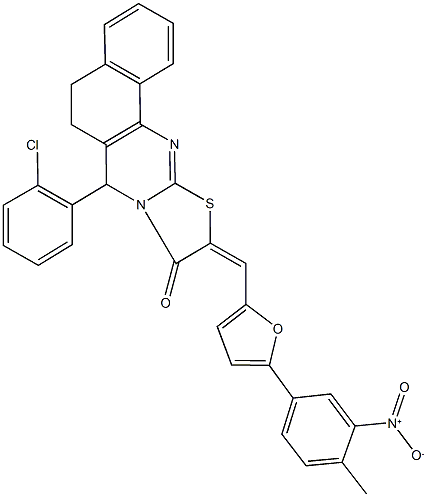 7-(2-chlorophenyl)-10-[(5-{3-nitro-4-methylphenyl}-2-furyl)methylene]-5,7-dihydro-6H-benzo[h][1,3]thiazolo[2,3-b]quinazolin-9(10H)-one Struktur