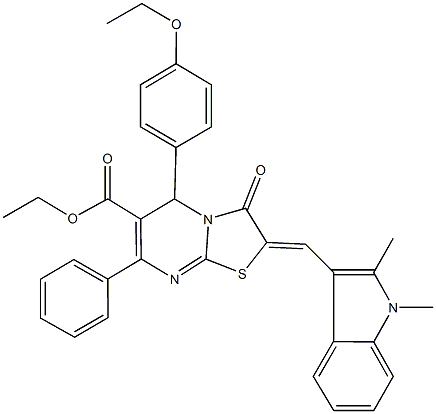 ethyl 2-[(1,2-dimethyl-1H-indol-3-yl)methylene]-5-(4-ethoxyphenyl)-3-oxo-7-phenyl-2,3-dihydro-5H-[1,3]thiazolo[3,2-a]pyrimidine-6-carboxylate Struktur