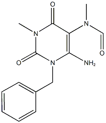 6-amino-1-benzyl-3-methyl-2,4-dioxo-1,2,3,4-tetrahydro-5-pyrimidinyl(methyl)formamide Struktur