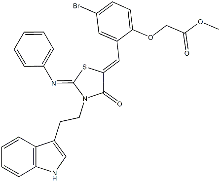 methyl (4-bromo-2-{[3-[2-(1H-indol-3-yl)ethyl]-4-oxo-2-(phenylimino)-1,3-thiazolidin-5-ylidene]methyl}phenoxy)acetate Struktur