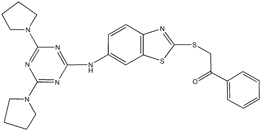 2-[(6-{[4,6-di(1-pyrrolidinyl)-1,3,5-triazin-2-yl]amino}-1,3-benzothiazol-2-yl)sulfanyl]-1-phenylethanone Struktur