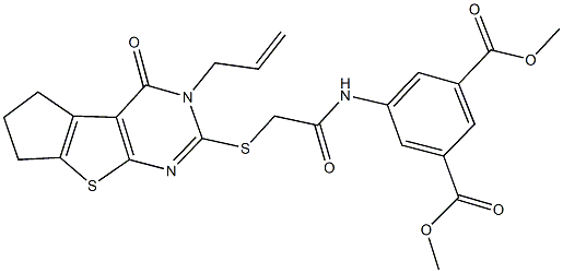 dimethyl 5-({[(3-allyl-4-oxo-3,5,6,7-tetrahydro-4H-cyclopenta[4,5]thieno[2,3-d]pyrimidin-2-yl)sulfanyl]acetyl}amino)isophthalate Struktur