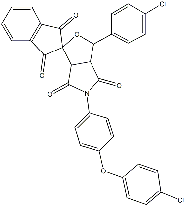 5-[4-(4-chlorophenoxy)phenyl]-1-(4-chlorophenyl)-3a,6a-dihydrosprio[1H-furo[3,4-c]pyrrole-3,2'-(1'H)-indene]-1',3',4,6(2'H,3H,5H)-tetrone Struktur