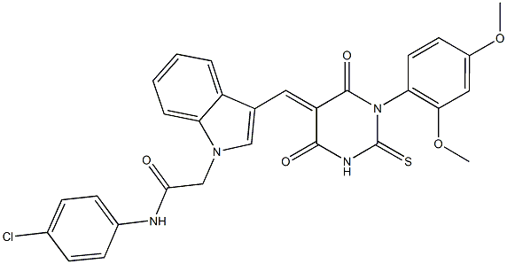 N-(4-chlorophenyl)-2-{3-[(1-(2,4-dimethoxyphenyl)-4,6-dioxo-2-thioxotetrahydro-5(2H)-pyrimidinylidene)methyl]-1H-indol-1-yl}acetamide Struktur