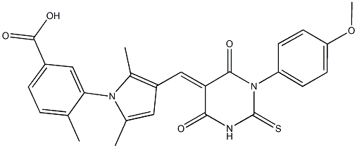 3-{3-[(1-(4-methoxyphenyl)-4,6-dioxo-2-thioxotetrahydro-5(2H)-pyrimidinylidene)methyl]-2,5-dimethyl-1H-pyrrol-1-yl}-4-methylbenzoic acid Struktur