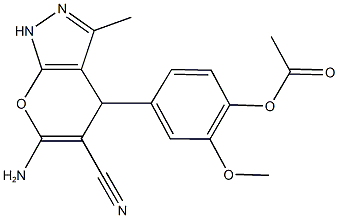 4-(6-amino-5-cyano-3-methyl-1,4-dihydropyrano[2,3-c]pyrazol-4-yl)-2-(methyloxy)phenyl acetate Struktur