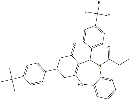 3-(4-tert-butylphenyl)-10-propionyl-11-[4-(trifluoromethyl)phenyl]-2,3,4,5,10,11-hexahydro-1H-dibenzo[b,e][1,4]diazepin-1-one Struktur