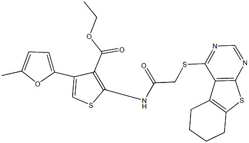 ethyl 4-(5-methyl-2-furyl)-2-{[(5,6,7,8-tetrahydro[1]benzothieno[2,3-d]pyrimidin-4-ylsulfanyl)acetyl]amino}-3-thiophenecarboxylate Struktur