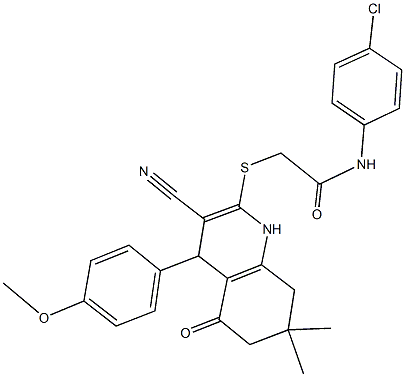 N-(4-chlorophenyl)-2-{[3-cyano-4-(4-methoxyphenyl)-7,7-dimethyl-5-oxo-1,4,5,6,7,8-hexahydro-2-quinolinyl]sulfanyl}acetamide Struktur