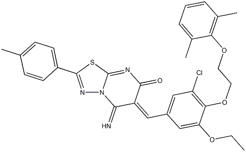 6-{3-chloro-4-[2-(2,6-dimethylphenoxy)ethoxy]-5-ethoxybenzylidene}-5-imino-2-(4-methylphenyl)-5,6-dihydro-7H-[1,3,4]thiadiazolo[3,2-a]pyrimidin-7-one Struktur