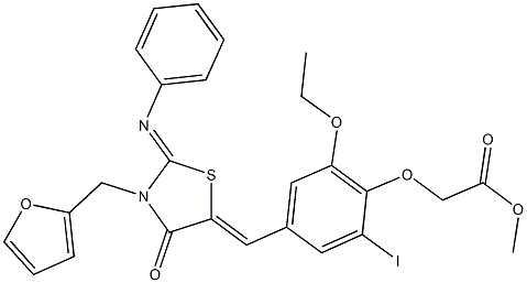 methyl (2-ethoxy-4-{[3-(2-furylmethyl)-4-oxo-2-(phenylimino)-1,3-thiazolidin-5-ylidene]methyl}-6-iodophenoxy)acetate Struktur