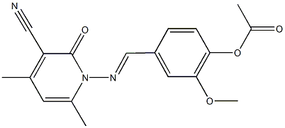 4-{[(3-cyano-4,6-dimethyl-2-oxopyridin-1(2H)-yl)imino]methyl}-2-methoxyphenyl acetate Struktur