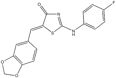 5-(1,3-benzodioxol-5-ylmethylene)-2-(4-fluoroanilino)-1,3-thiazol-4(5H)-one Struktur