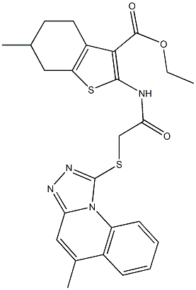 ethyl 6-methyl-2-({[(5-methyl[1,2,4]triazolo[4,3-a]quinolin-1-yl)sulfanyl]acetyl}amino)-4,5,6,7-tetrahydro-1-benzothiophene-3-carboxylate Struktur