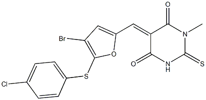 5-({4-bromo-5-[(4-chlorophenyl)sulfanyl]-2-furyl}methylene)-1-methyl-2-thioxodihydro-4,6(1H,5H)-pyrimidinedione Struktur