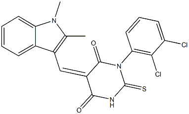 1-(2,3-dichlorophenyl)-5-[(1,2-dimethyl-1H-indol-3-yl)methylene]-2-thioxodihydro-4,6(1H,5H)-pyrimidinedione Struktur