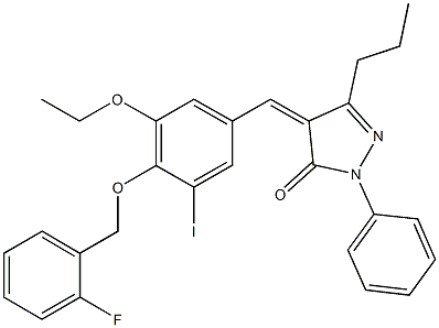 4-{3-ethoxy-4-[(2-fluorobenzyl)oxy]-5-iodobenzylidene}-2-phenyl-5-propyl-2,4-dihydro-3H-pyrazol-3-one Struktur