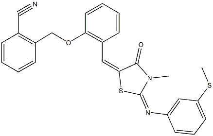 2-({2-[(3-methyl-2-{[3-(methylsulfanyl)phenyl]imino}-4-oxo-1,3-thiazolidin-5-ylidene)methyl]phenoxy}methyl)benzonitrile Struktur