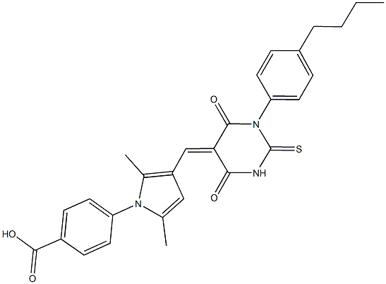 4-{3-[(1-(4-butylphenyl)-4,6-dioxo-2-thioxotetrahydro-5(2H)-pyrimidinylidene)methyl]-2,5-dimethyl-1H-pyrrol-1-yl}benzoic acid Struktur