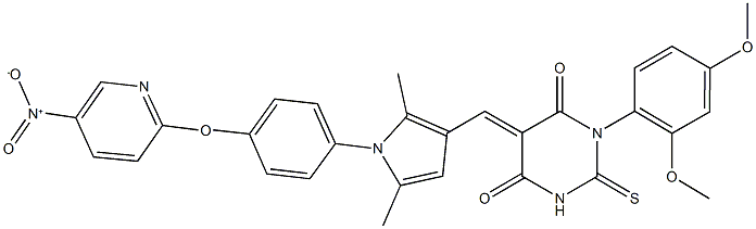 1-(2,4-dimethoxyphenyl)-5-({1-[4-({5-nitro-2-pyridinyl}oxy)phenyl]-2,5-dimethyl-1H-pyrrol-3-yl}methylene)-2-thioxodihydro-4,6(1H,5H)-pyrimidinedione Struktur