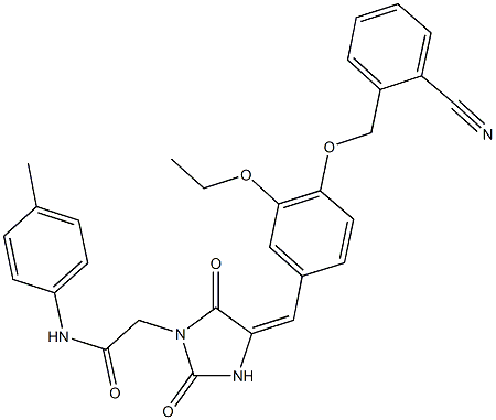 2-(4-{4-[(2-cyanobenzyl)oxy]-3-ethoxybenzylidene}-2,5-dioxo-1-imidazolidinyl)-N-(4-methylphenyl)acetamide Struktur