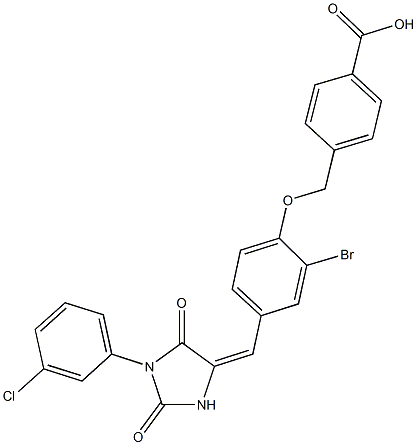 4-[(2-bromo-4-{[1-(3-chlorophenyl)-2,5-dioxo-4-imidazolidinylidene]methyl}phenoxy)methyl]benzoic acid Struktur