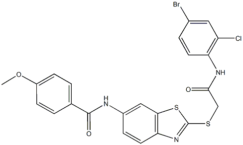 N-(2-{[2-(4-bromo-2-chloroanilino)-2-oxoethyl]sulfanyl}-1,3-benzothiazol-6-yl)-4-methoxybenzamide Struktur