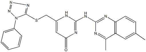 2-[(4,6-dimethyl-2-quinazolinyl)amino]-6-{[(1-phenyl-1H-tetraazol-5-yl)thio]methyl}-4(1H)-pyrimidinone Struktur