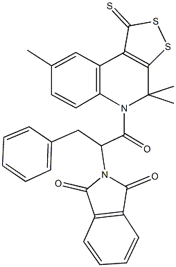 2-[1-benzyl-2-oxo-2-(4,4,8-trimethyl-1-thioxo-1,4-dihydro-5H-[1,2]dithiolo[3,4-c]quinolin-5-yl)ethyl]-1H-isoindole-1,3(2H)-dione Struktur