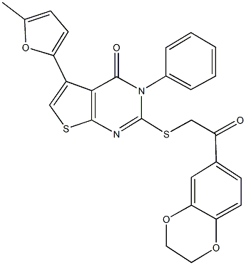 2-{[2-(2,3-dihydro-1,4-benzodioxin-6-yl)-2-oxoethyl]sulfanyl}-5-(5-methyl-2-furyl)-3-phenylthieno[2,3-d]pyrimidin-4(3H)-one Struktur