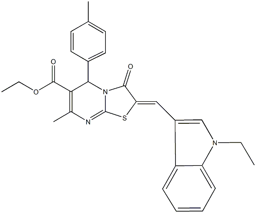 ethyl 2-[(1-ethyl-1H-indol-3-yl)methylene]-7-methyl-5-(4-methylphenyl)-3-oxo-2,3-dihydro-5H-[1,3]thiazolo[3,2-a]pyrimidine-6-carboxylate Struktur