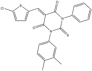 5-[(5-chloro-2-thienyl)methylene]-1-(3,4-dimethylphenyl)-3-phenyl-2-thioxodihydro-4,6(1H,5H)-pyrimidinedione Struktur