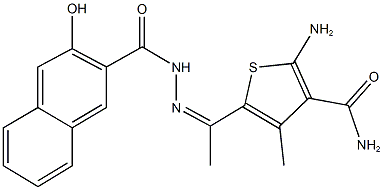 2-amino-5-[N-(3-hydroxy-2-naphthoyl)ethanehydrazonoyl]-4-methyl-3-thiophenecarboxamide Struktur