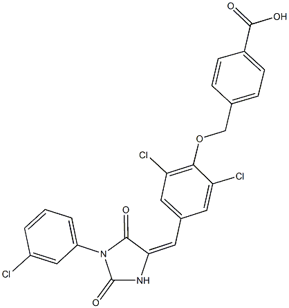 4-[(2,6-dichloro-4-{[1-(3-chlorophenyl)-2,5-dioxo-4-imidazolidinylidene]methyl}phenoxy)methyl]benzoic acid Struktur