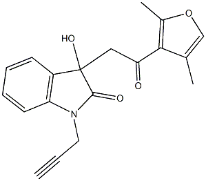 3-[2-(2,4-dimethyl-3-furyl)-2-oxoethyl]-3-hydroxy-1-(2-propynyl)-1,3-dihydro-2H-indol-2-one Struktur