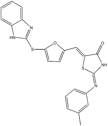 5-{[5-(1H-benzimidazol-2-ylsulfanyl)-2-furyl]methylene}-2-[(3-methylphenyl)imino]-1,3-thiazolidin-4-one Struktur