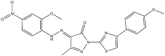 1-[4-(4-methoxyphenyl)-1,3-thiazol-2-yl]-3-methyl-1H-pyrazole-4,5-dione 4-({4-nitro-2-methoxyphenyl}hydrazone) Struktur