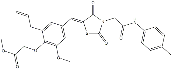 methyl [2-allyl-4-({2,4-dioxo-3-[2-oxo-2-(4-toluidino)ethyl]-1,3-thiazolidin-5-ylidene}methyl)-6-methoxyphenoxy]acetate Struktur