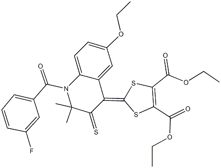 diethyl 2-(6-ethoxy-1-(3-fluorobenzoyl)-2,2-dimethyl-3-thioxo-2,3-dihydro-4(1H)-quinolinylidene)-1,3-dithiole-4,5-dicarboxylate Struktur