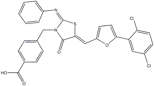 4-{[5-{[5-(2,5-dichlorophenyl)-2-furyl]methylene}-4-oxo-2-(phenylimino)-1,3-thiazolidin-3-yl]methyl}benzoic acid Struktur