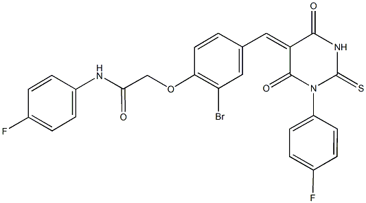 2-{2-bromo-4-[(1-(4-fluorophenyl)-4,6-dioxo-2-thioxotetrahydro-5(2H)-pyrimidinylidene)methyl]phenoxy}-N-(4-fluorophenyl)acetamide Struktur