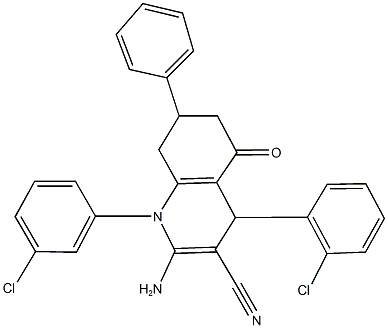 2-amino-4-(2-chlorophenyl)-1-(3-chlorophenyl)-5-oxo-7-phenyl-1,4,5,6,7,8-hexahydroquinoline-3-carbonitrile Struktur