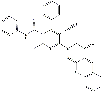 5-cyano-2-methyl-6-{[2-oxo-2-(2-oxo-2H-chromen-3-yl)ethyl]sulfanyl}-N,4-diphenylnicotinamide Struktur