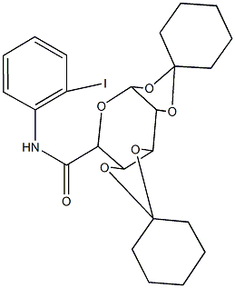 N'-(2-iodophenyl)-5',5'a,8'a,8'b-tetrahydro-dispiro(cylohexane-1,2'-3aH-di[1,3]dioxolo[4,5-b:4,5-d]pyran-7',1''-cyclohexane)-5'-carboxamide Struktur