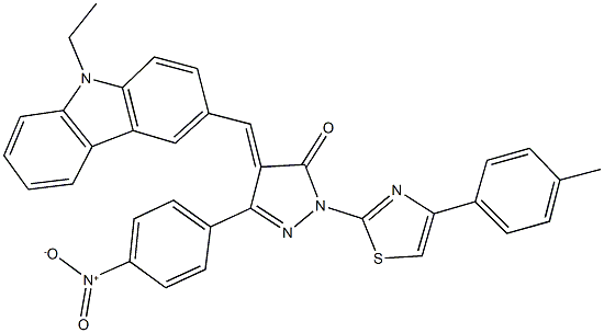 4-[(9-ethyl-9H-carbazol-3-yl)methylene]-5-{4-nitrophenyl}-2-[4-(4-methylphenyl)-1,3-thiazol-2-yl]-2,4-dihydro-3H-pyrazol-3-one Struktur