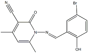 1-[(5-bromo-2-hydroxybenzylidene)amino]-4,6-dimethyl-2-oxo-1,2-dihydropyridine-3-carbonitrile Struktur